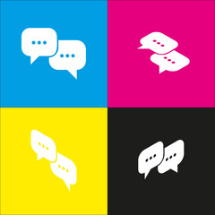 Speech bubbles sign. Vector. White icon with isometric projections on cyan, magenta, yellow and black backgrounds.