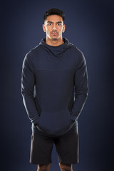 Fototapeta premium fitness east asian man on dark blue background