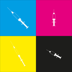 Syringe sign illustration. Vector. White icon with isometric projections on cyan, magenta, yellow and black backgrounds.