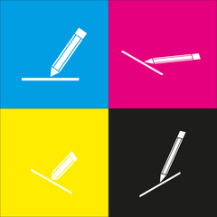 Pencil sign illustration. Vector. White icon with isometric projections on cyan, magenta, yellow and black backgrounds.