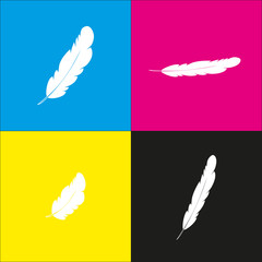 Feather sign illustration. Vector. White icon with isometric projections on cyan, magenta, yellow and black backgrounds.