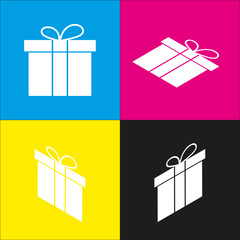 Gift box sign. Vector. White icon with isometric projections on cyan, magenta, yellow and black backgrounds.