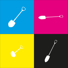 Shovel to work in the garden. Vector. White icon with isometric projections on cyan, magenta, yellow and black backgrounds.