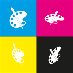Palette and brush sign. Vector. White icon with isometric projections on cyan, magenta, yellow and black backgrounds.