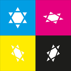 Shield Magen David Star Inverse. Symbol of Israel inverted. Vector. White icon with isometric projections on cyan, magenta, yellow and black backgrounds.