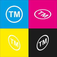 Trade mark sign. Vector. White icon with isometric projections on cyan, magenta, yellow and black backgrounds.