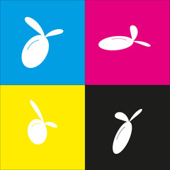 Olive sign illustration. Vector. White icon with isometric projections on cyan, magenta, yellow and black backgrounds.