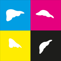 Human anatomy. Liver sign. Vector. White icon with isometric projections on cyan, magenta, yellow and black backgrounds.