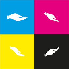 Hand sign illustration. Vector. White icon with isometric projections on cyan, magenta, yellow and black backgrounds.