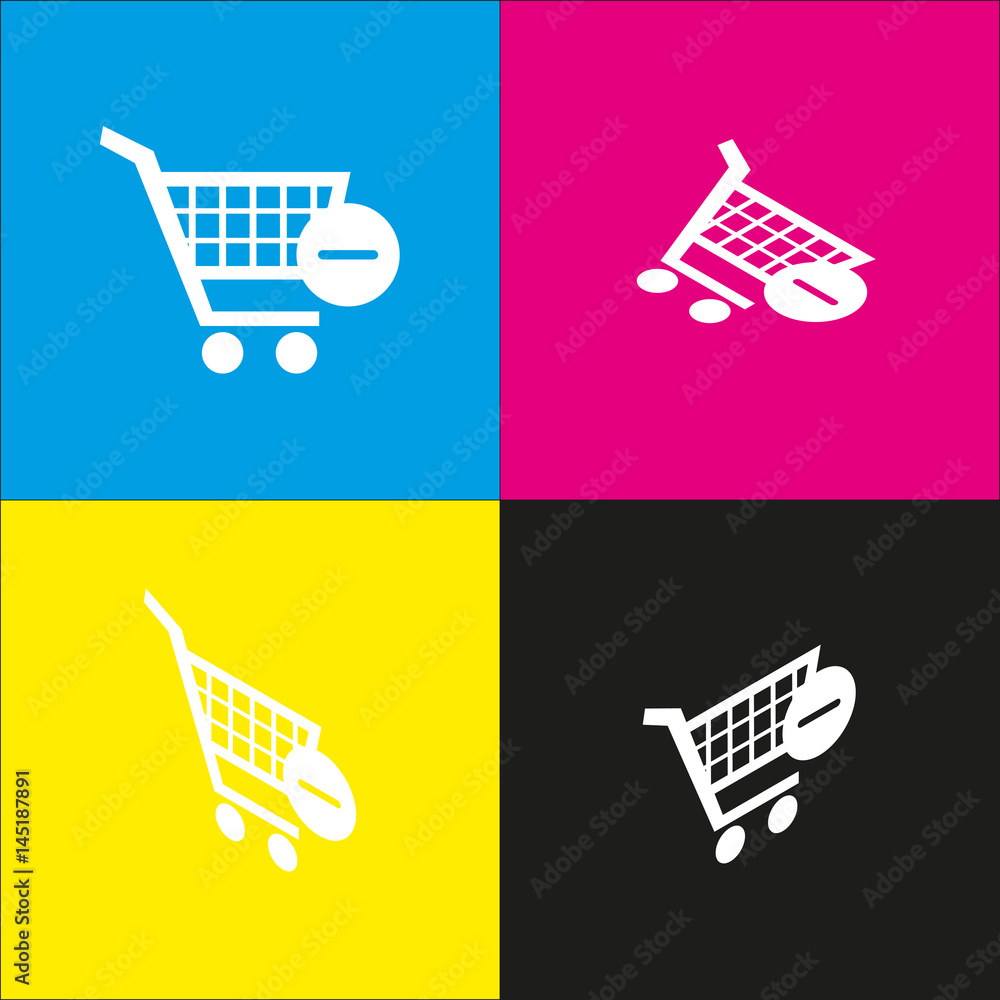 Aufkleber vector shopping cart with remove sign. vector. white icon with isometric projections on cyan, magent