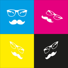 Mustache and Glasses sign. Vector. White icon with isometric projections on cyan, magenta, yellow and black backgrounds.