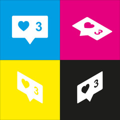 Like and comment sign. Vector. White icon with isometric projections on cyan, magenta, yellow and black backgrounds.