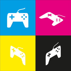 Joystick simple sign. Vector. White icon with isometric projections on cyan, magenta, yellow and black backgrounds.