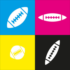 American simple football ball. Vector. White icon with isometric projections on cyan, magenta, yellow and black backgrounds.