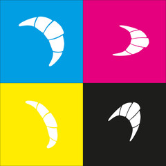 Croissant simple sign. Vector. White icon with isometric projections on cyan, magenta, yellow and black backgrounds.