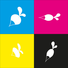 Radish simple sign. Vector. White icon with isometric projections on cyan, magenta, yellow and black backgrounds.