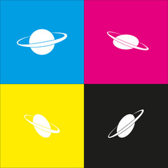 Planet in space sign. Vector. White icon with isometric projections on cyan, magenta, yellow and black backgrounds.