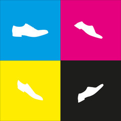 Men Shoes sign. Vector. White icon with isometric projections on cyan, magenta, yellow and black backgrounds.