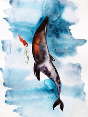Watercolor greeting card. Mermaid and whale