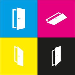 Door sign illustration. Vector. White icon with isometric projections on cyan, magenta, yellow and black backgrounds.