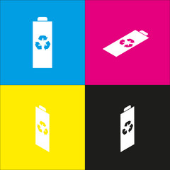 Battery recycle sign illustration. Vector. White icon with isometric projections on cyan, magenta, yellow and black backgrounds.
