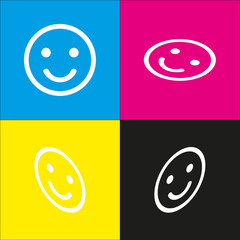Smile icon. Vector. White icon with isometric projections on cyan, magenta, yellow and black backgrounds.