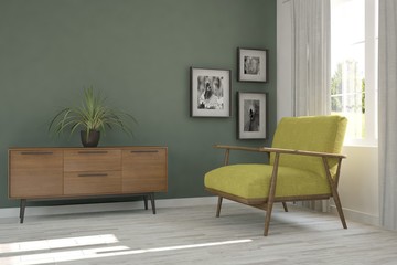Green modern room with armchair. Scandinavian interior design. 3D illustration