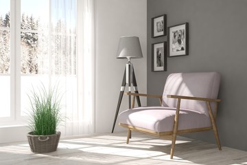 White room with armchair and winter landscape in window. Scandinavian interior design. 3D illustration