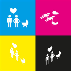 Family symbol with pram and heart. Husband and wife are kept each other`s hands. Love. Vector. White icon with isometric projections on cyan, magenta, yellow and black backgrounds.