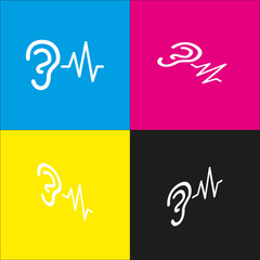 Ear hearing sound sign. Vector. White icon with isometric projections on cyan, magenta, yellow and black backgrounds.