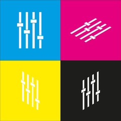 Adjustment music line sign. Vector. White icon with isometric projections on cyan, magenta, yellow and black backgrounds.