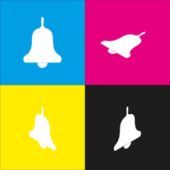 Bell Alarm, hand bell sign. Vector. White icon with isometric projections on cyan, magenta, yellow and black backgrounds.