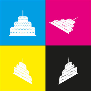 Cake with candle sign. Vector. White icon with isometric projections on cyan, magenta, yellow and black backgrounds.