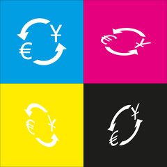 Currency exchange sign. Dollar and Euro. Vector. White icon with isometric projections on cyan, magenta, yellow and black backgrounds.