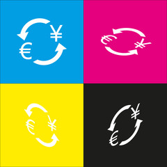 Currency exchange sign. Euro and Japan Yen. Vector. White icon with isometric projections on cyan, magenta, yellow and black backgrounds.