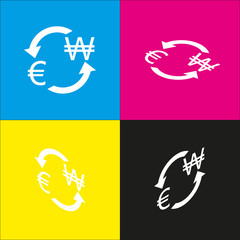 Currency exchange sign. Euro and South Korea Won. Vector. White icon with isometric projections on cyan, magenta, yellow and black backgrounds.