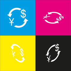 Currency exchange sign. China Yuan and US Dollar. Vector. White icon with isometric projections on cyan, magenta, yellow and black backgrounds.