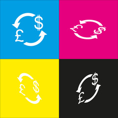 Currency exchange sign. UK: Pound and US Dollar. Vector. White icon with isometric projections on cyan, magenta, yellow and black backgrounds.