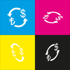 Currency exchange sign. Turkey Lira and US Dollar. Vector. White icon with isometric projections on cyan, magenta, yellow and black backgrounds.