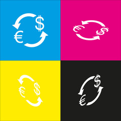 Currency exchange sign. Euro and US Dollar. Vector. White icon with isometric projections on cyan, magenta, yellow and black backgrounds.