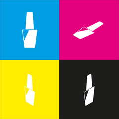 Nail polish sign. Vector. White icon with isometric projections on cyan, magenta, yellow and black backgrounds.