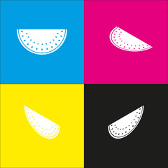 Watermelon sign. Vector. White icon with isometric projections on cyan, magenta, yellow and black backgrounds.