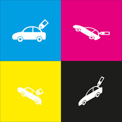 Car sign with tag. Vector. White icon with isometric projections on cyan, magenta, yellow and black backgrounds.