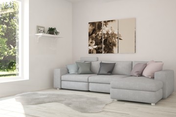White room with sofa and green landscape in window. Scandinavian interior design. 3D illustration