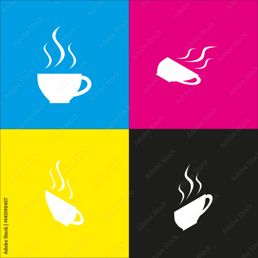 Poster cup sign with three small streams of smoke. vector. white icon with isometric projections on cyan, m