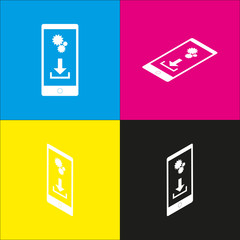 Phone settings. Download and install apps. Vector. White icon with isometric projections on cyan, magenta, yellow and black backgrounds.