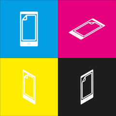 Protective sticker on the screen. Vector. White icon with isometric projections on cyan, magenta, yellow and black backgrounds.