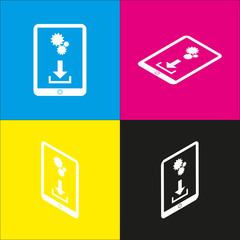 Phone icon with settings symbol. Vector. White icon with isometric projections on cyan, magenta, yellow and black backgrounds.