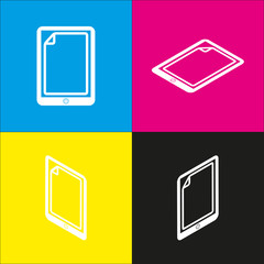 Protective sticker on the screen. Vector. White icon with isometric projections on cyan, magenta, yellow and black backgrounds.