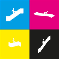 Man on moving staircase going up. Vector. White icon with isometric projections on cyan, magenta, yellow and black backgrounds.